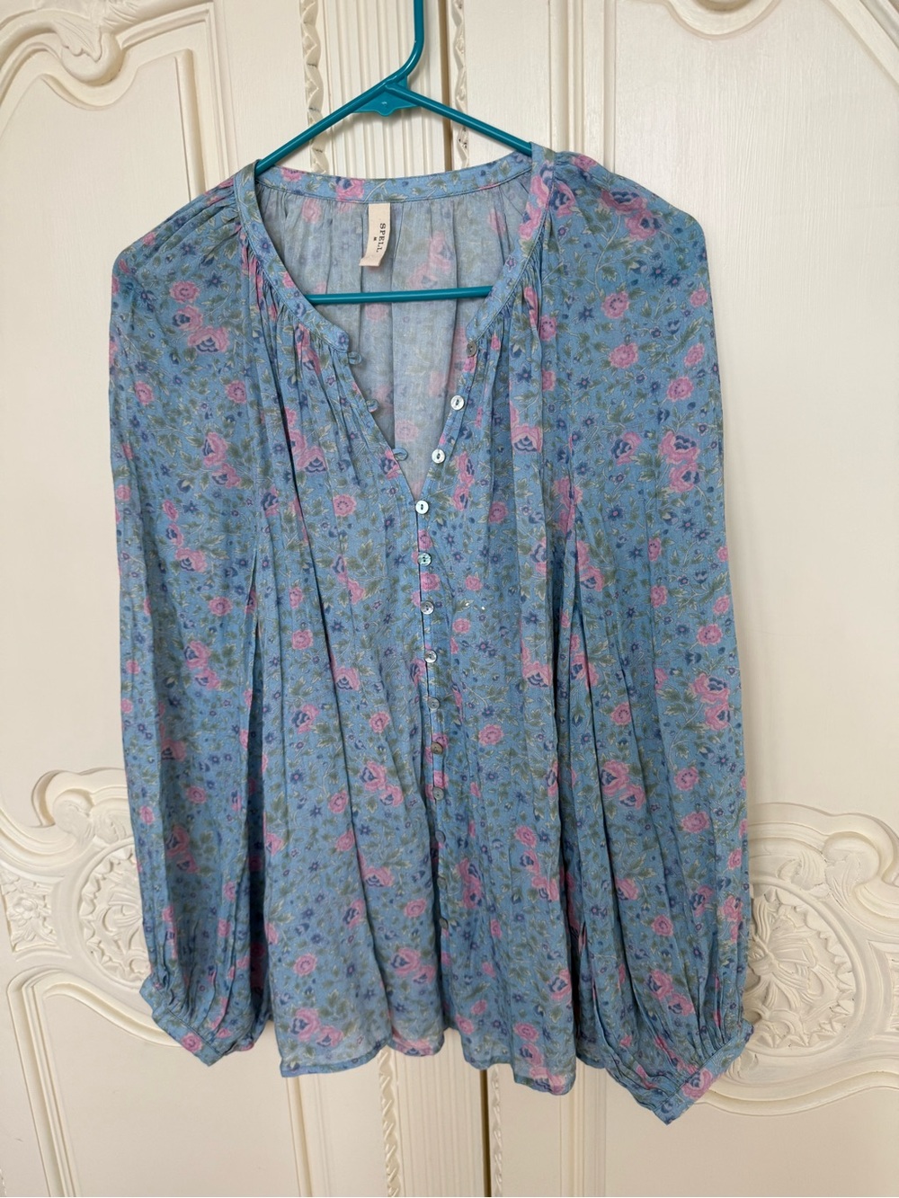 Spell Dolly Blouse Blue Floral Button-Front Women's Top